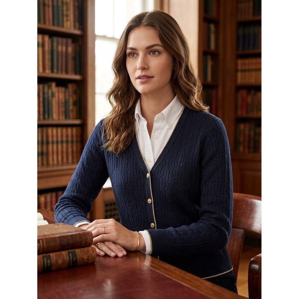 Brooks Brothers 346 Navy Cable Knit Cardigan Gold Trim Metallic Buttons M